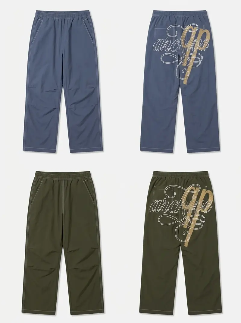 Front and back views of tracksuit pants with white stitching, in blue-grey and olive. The back view shows a large qp and script graphic across the seat.