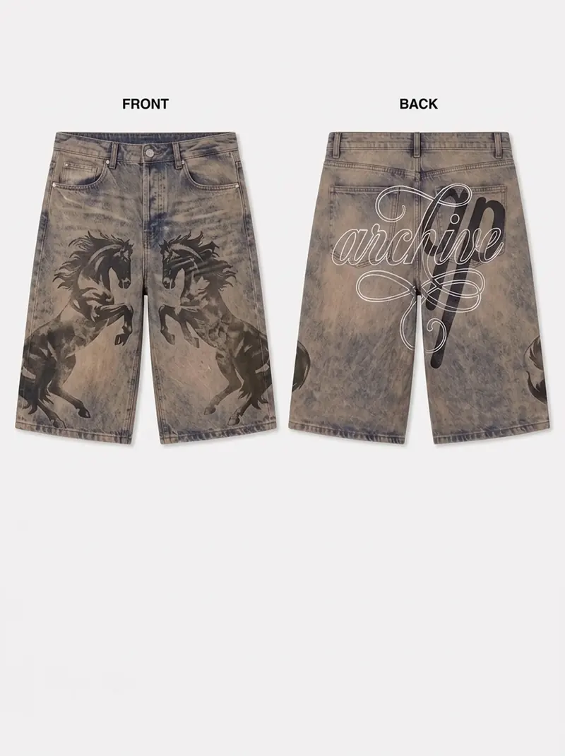 Front and back views of long denim shorts. The front has two black horse graphics, one on each leg. The back has a large qp mark with white script lettering. The words Front and Back are printed in the image.