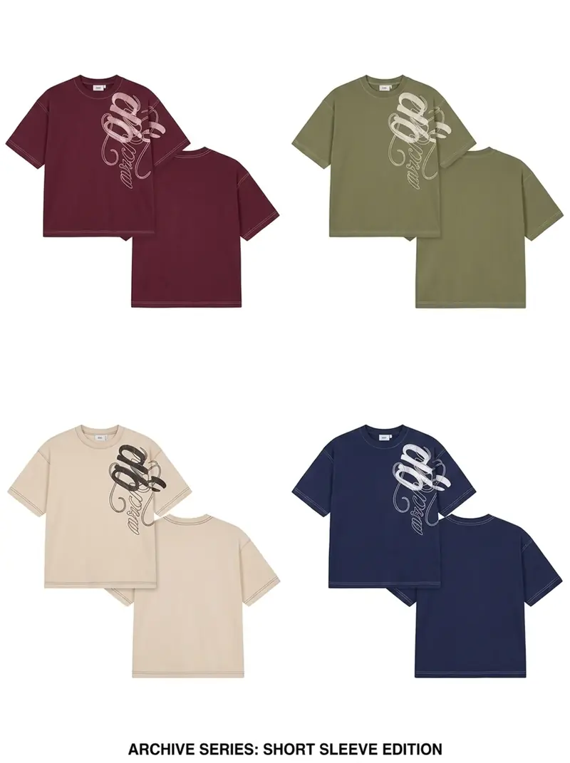 Front and back views of short-sleeve tees in burgundy, olive, cream and navy, each with a large script graphic on the chest. The image has the printed words Archive Series: Short Sleeve Edition along the bottom.