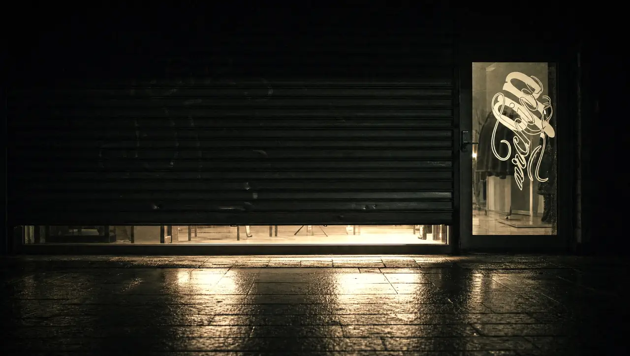 A shop at night on a wet street. A dark metal shutter is nearly closed, with warm light spilling out underneath. On the right, a glass door carries a white script logo reading qp archive, and dark coats hang on a rack inside.