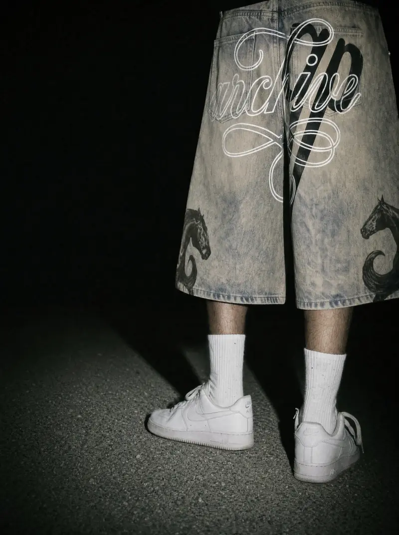 The back of a person standing on dark asphalt at night, lit by flash. They wear light-wash denim shorts with white cursive lettering across the back, white socks and white sneakers.
