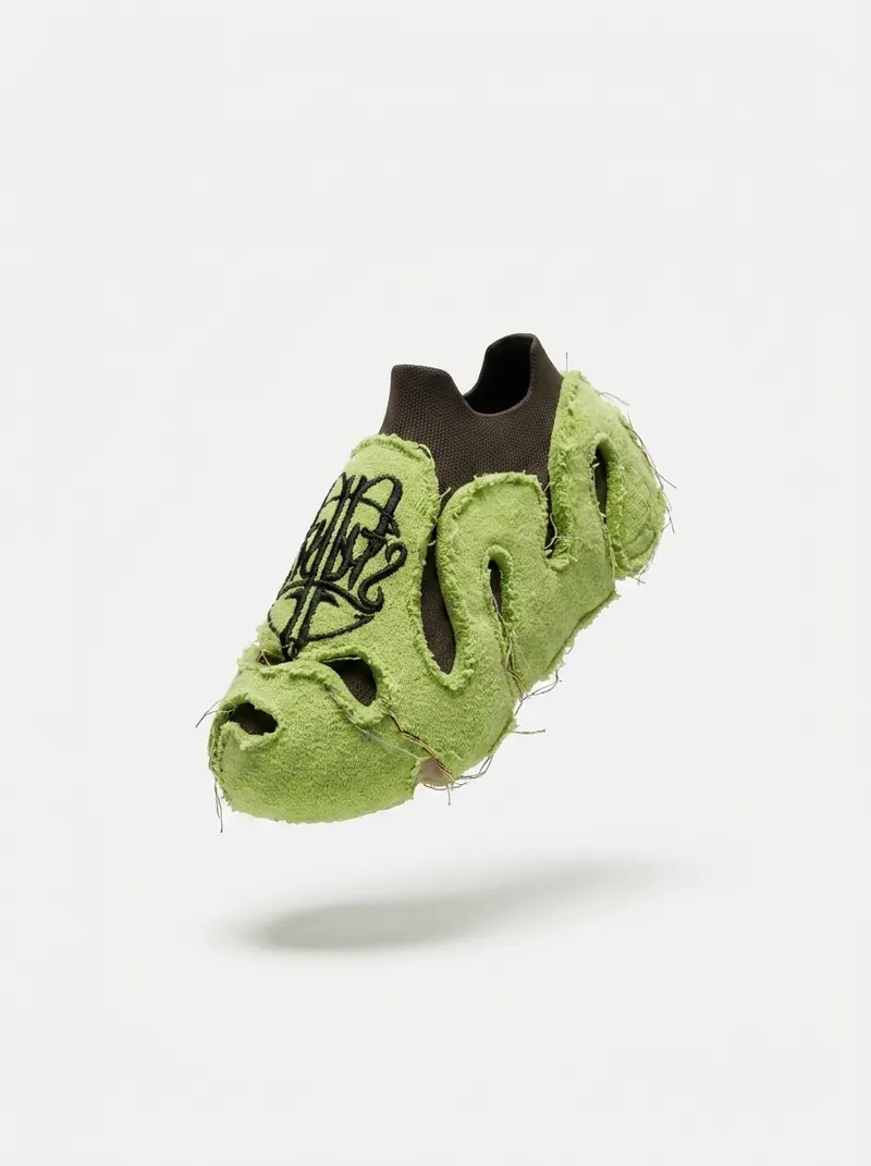 A single lime-green slip-on shoe with a fuzzy outer layer, cut-outs and a black logo on top, shown at an angle on a light grey background.