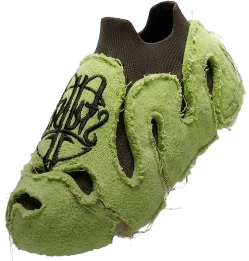 A single lime-green slip-on shoe with a fuzzy outer layer, cut-outs and a black logo on top, seen at an angle.