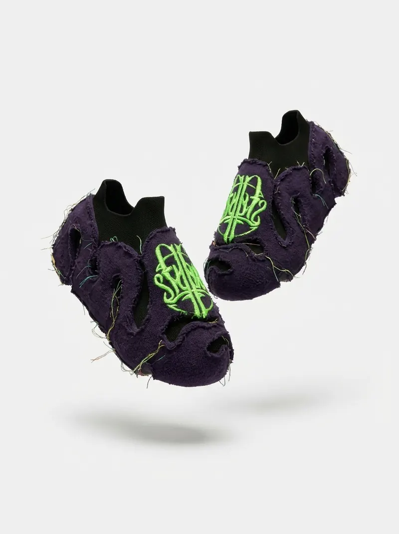 A pair of purple slip-on shoes with a fuzzy outer layer, cut-outs and a lime-green logo on top, shown on a light grey background.